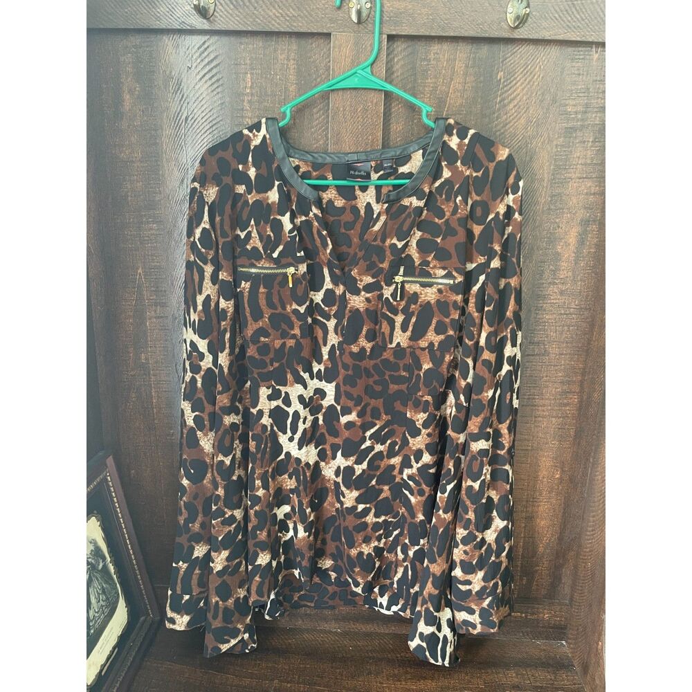 Leopard Print Blouse | Faux Leather Trim | Gold Zip Pocket Top | Plus Size